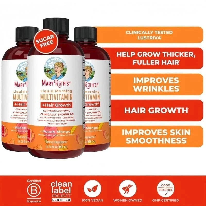 Liquid Morning Multivitamin + Hair Regrowth, Peach Mango, 15.22 fl oz (450 ml)