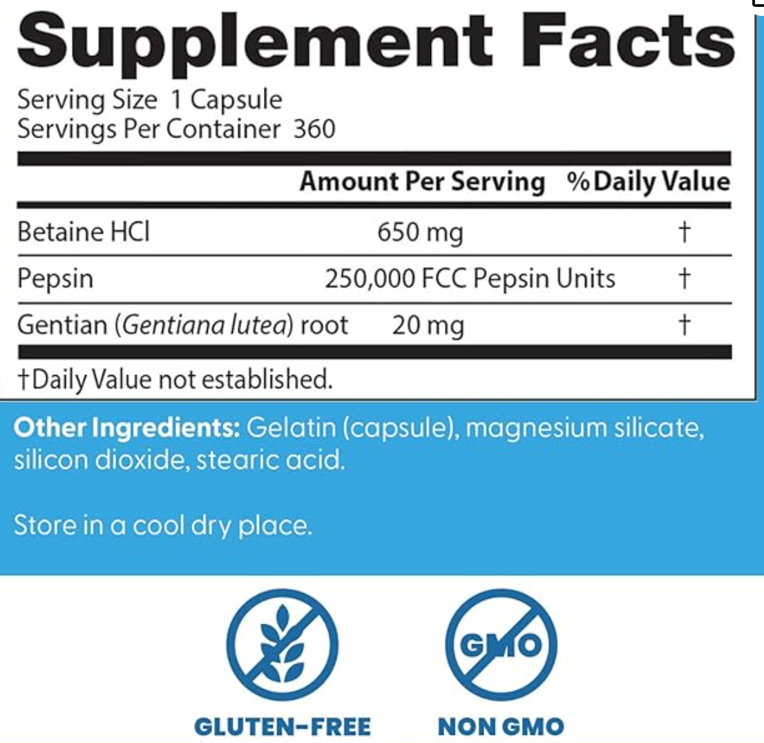 Doctor’s Best, Betaine HCI Pepsin & Gentian Bitters, 360 Capsules Exp 07/2026