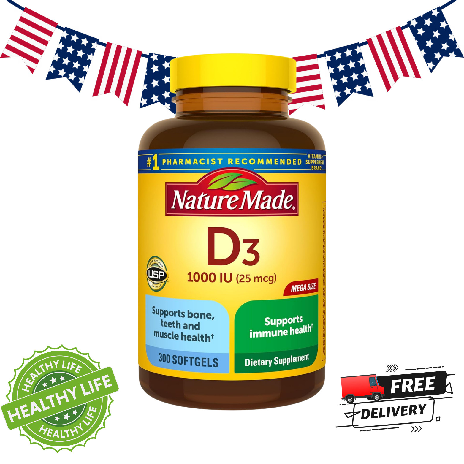 Nature Made Vitamin D3 1000 IU 25 mcg 300 Softgels Bone Immune Support