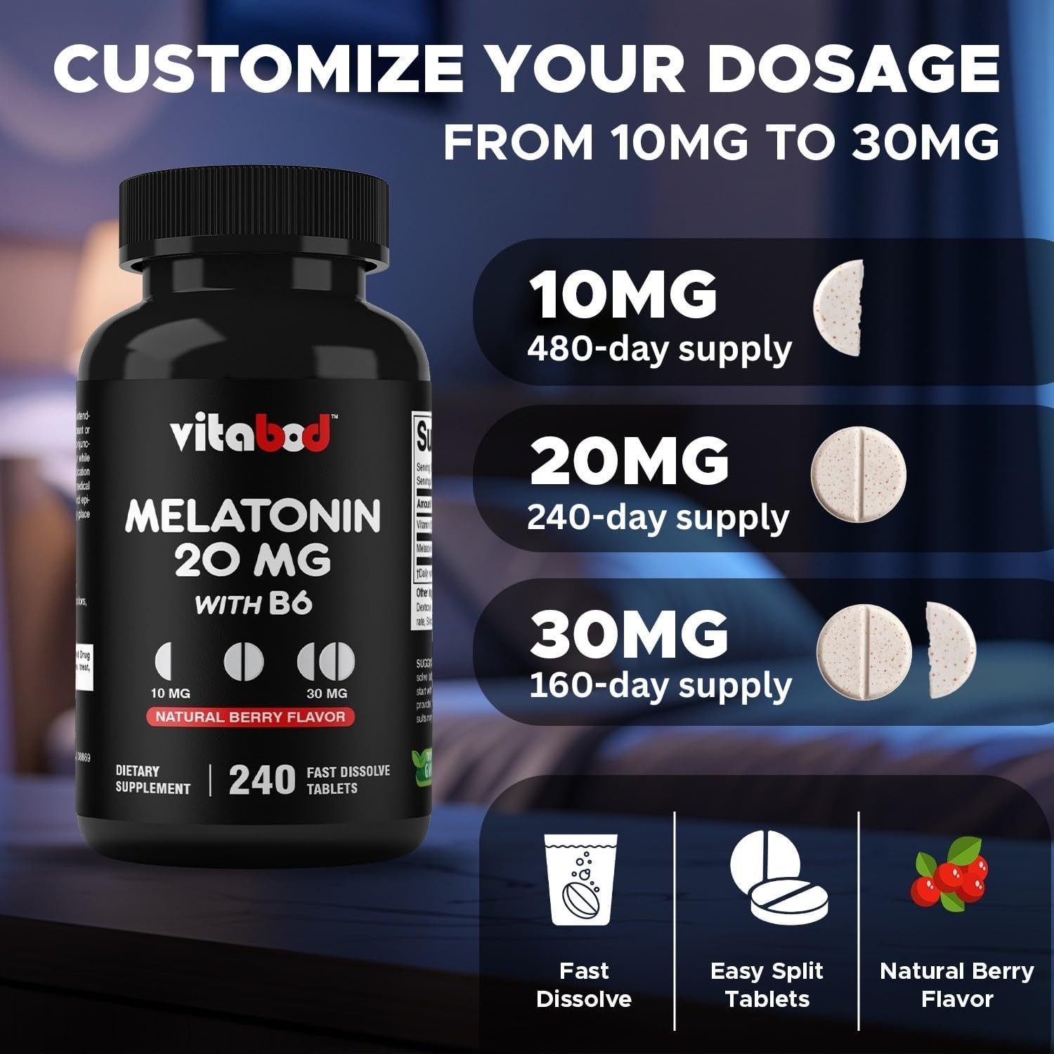 Melatonin 20 mg – 240 Fast Dissolve Tablets – Drug Free – Natural Berry Flavor –