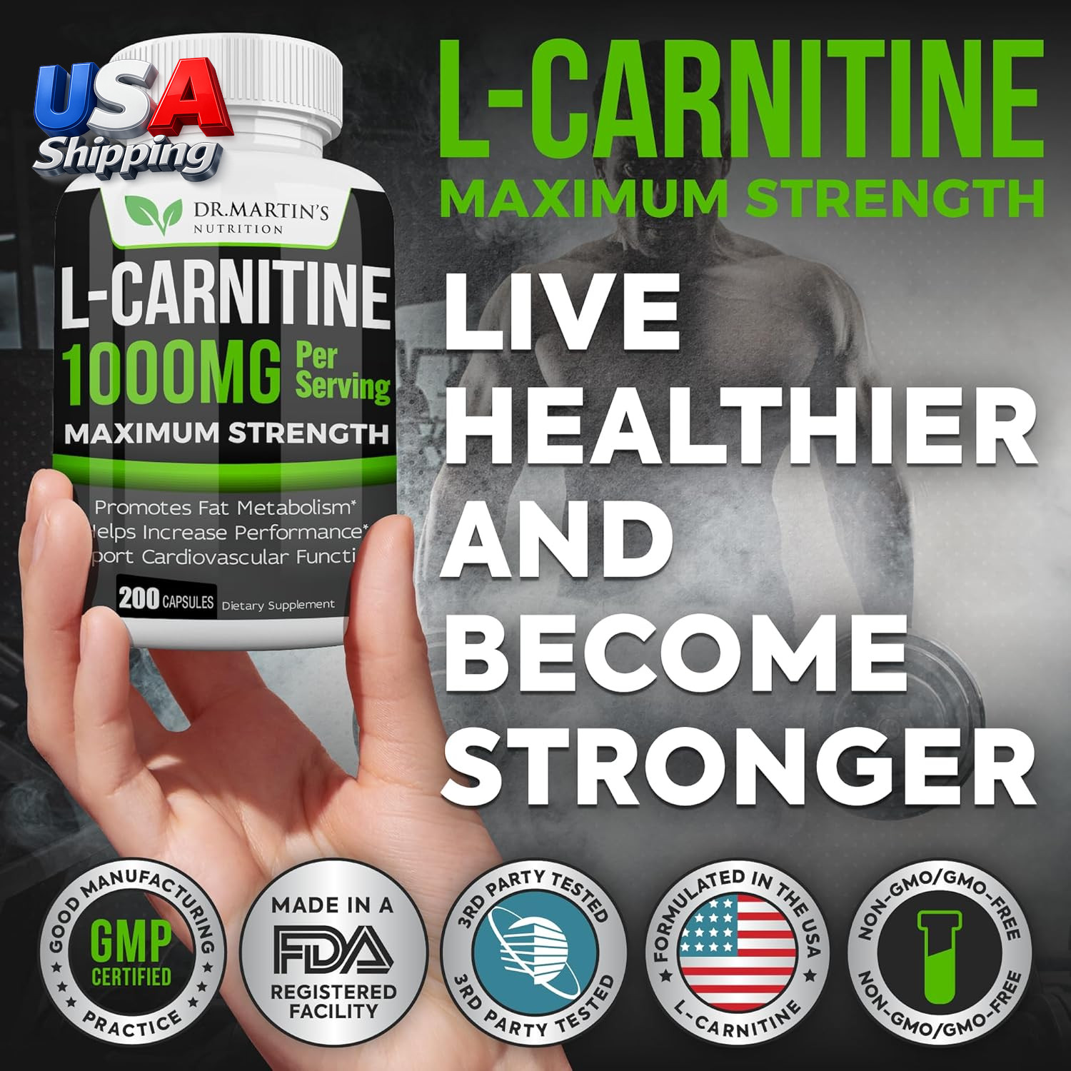 L-Carnitine Supplement Capsules 1000mg 200 Count Easy-to-Swallow