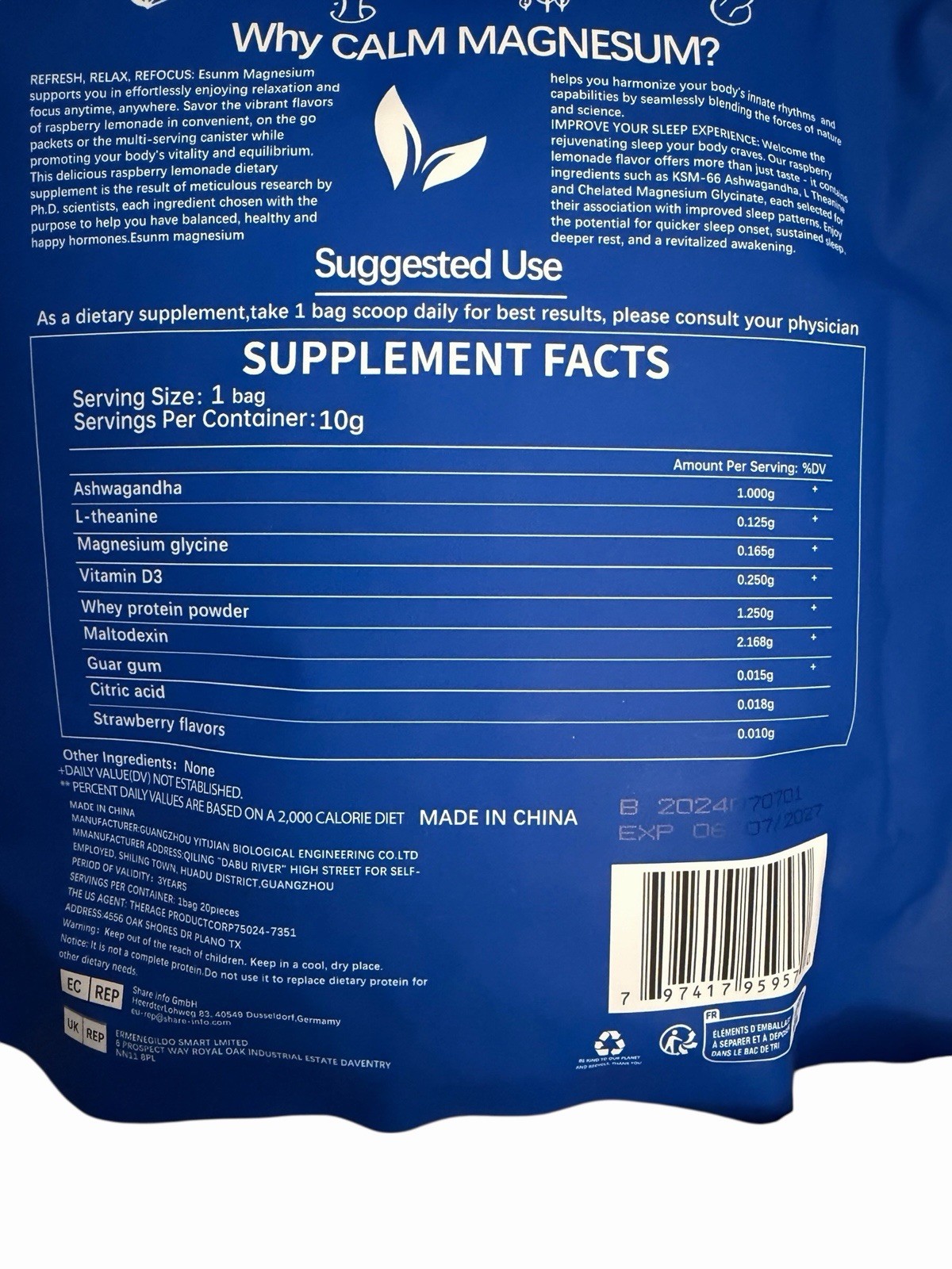 TWO PACK – Esunm Calm Magnesium Individual On the Go Packets Exp 06/07/2027