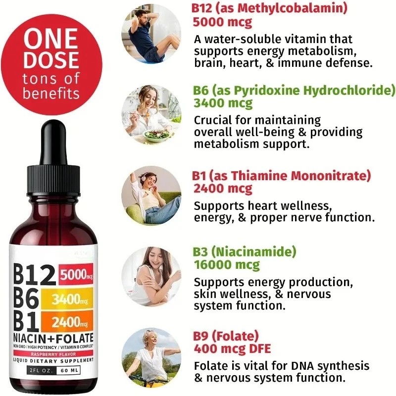 2-Bottles Vitamin B12 and B6 Liquid Drops B12 Complex – Vitamin B B1 Sublingual