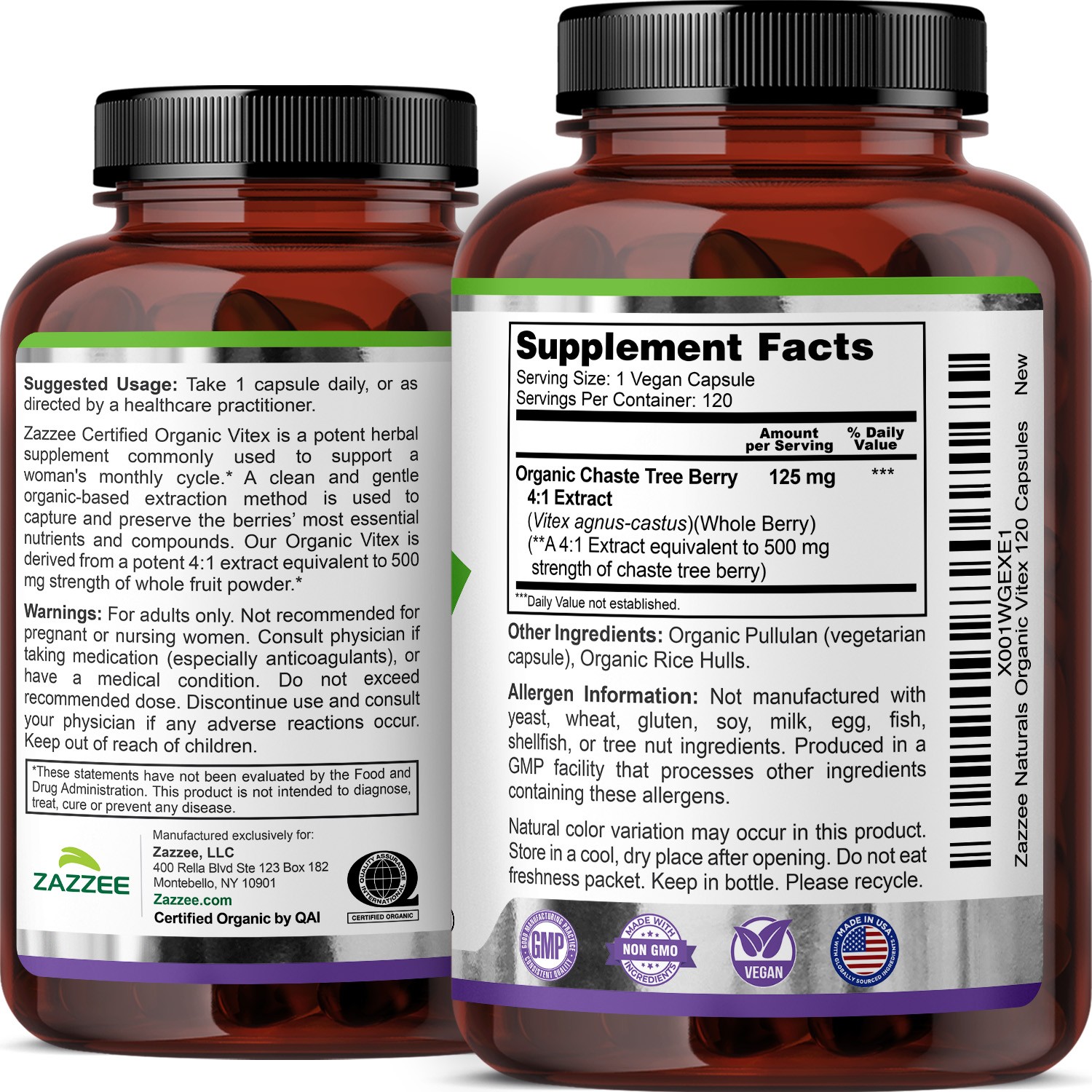 Vitex USDA Organic 500 mg Strength 120 Veggie Caps 4:1 Extract 4 Month Supply