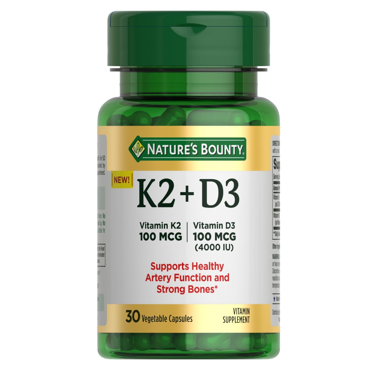 Nature’s Bounty Vitamin D3 K2 Supplement, 4000 IU 30 Count (Pack of 1)