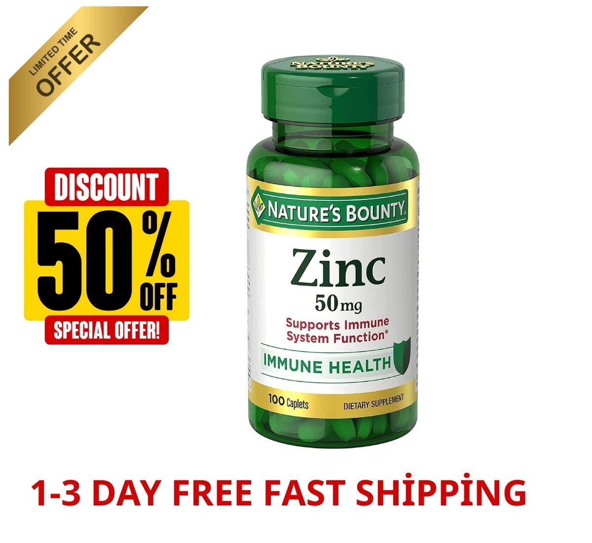 Zinc, Supports Immune System Function, Dietary Supplement, 50 Mg, Caplets, 100 C