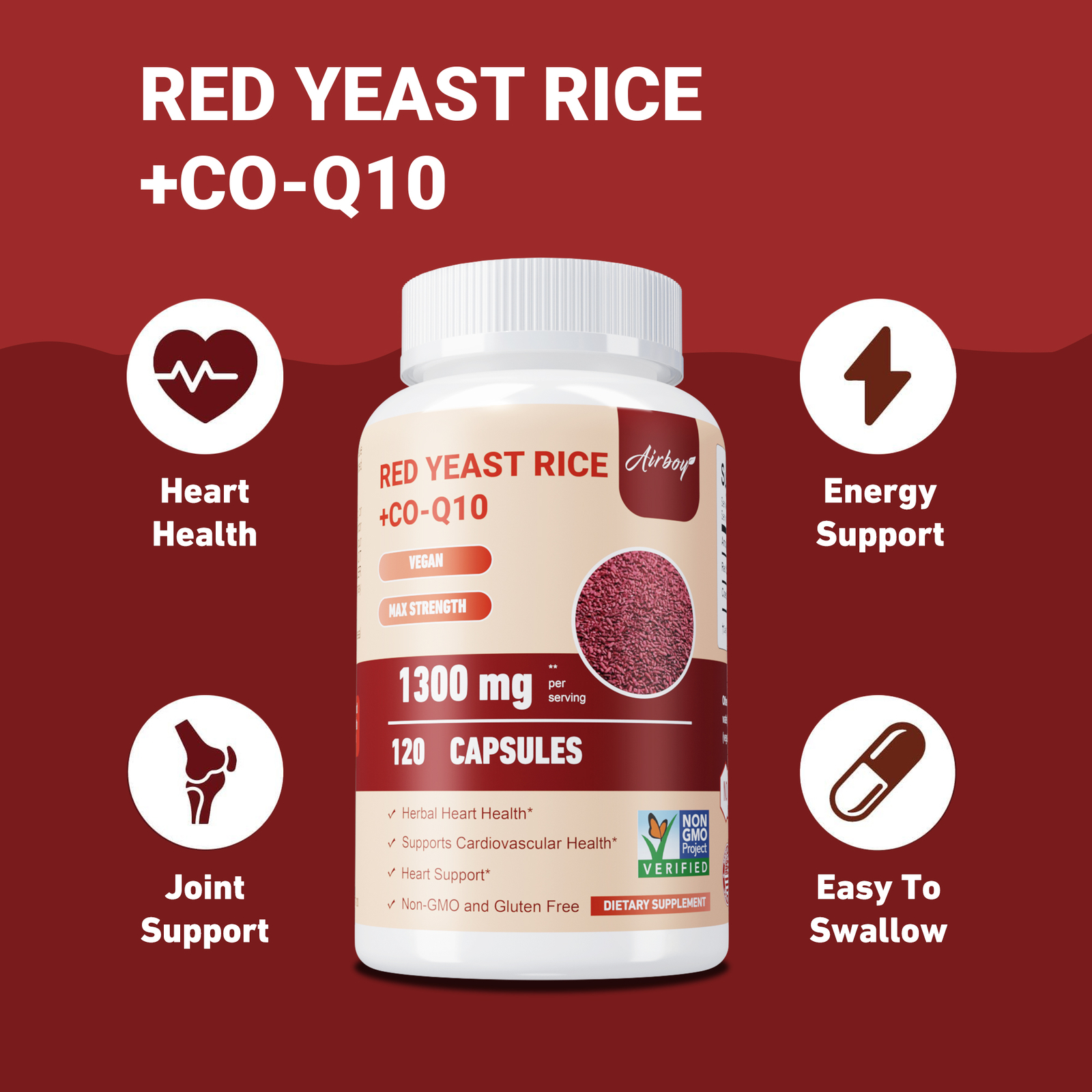 120pcs Red Yeast Rice+ Co-Q10 -Brain, Skin,Overall Heart & Cardiovascular Health
