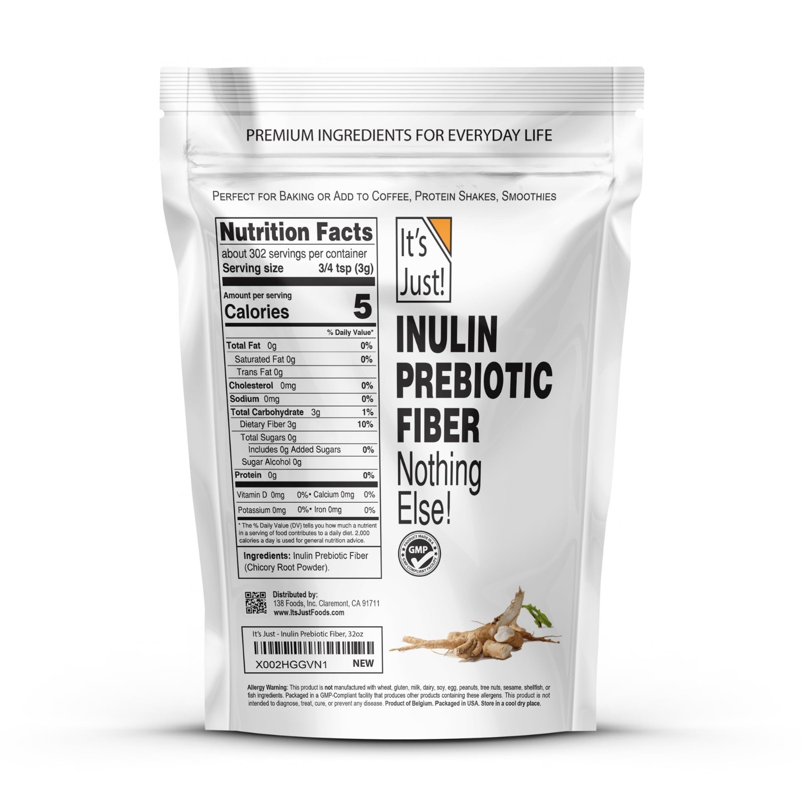 Inulin Prebiotic Fiber Powder – Water Soluble Chicory Root, Gut Health, Vegan, K