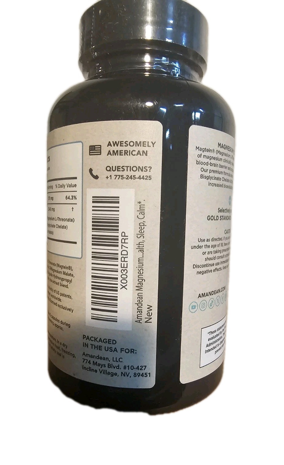 AMANDEAN Magtein Magnesium Complex, L-Threonate, Glycinate, 90 VegCaps Exp: 5/27