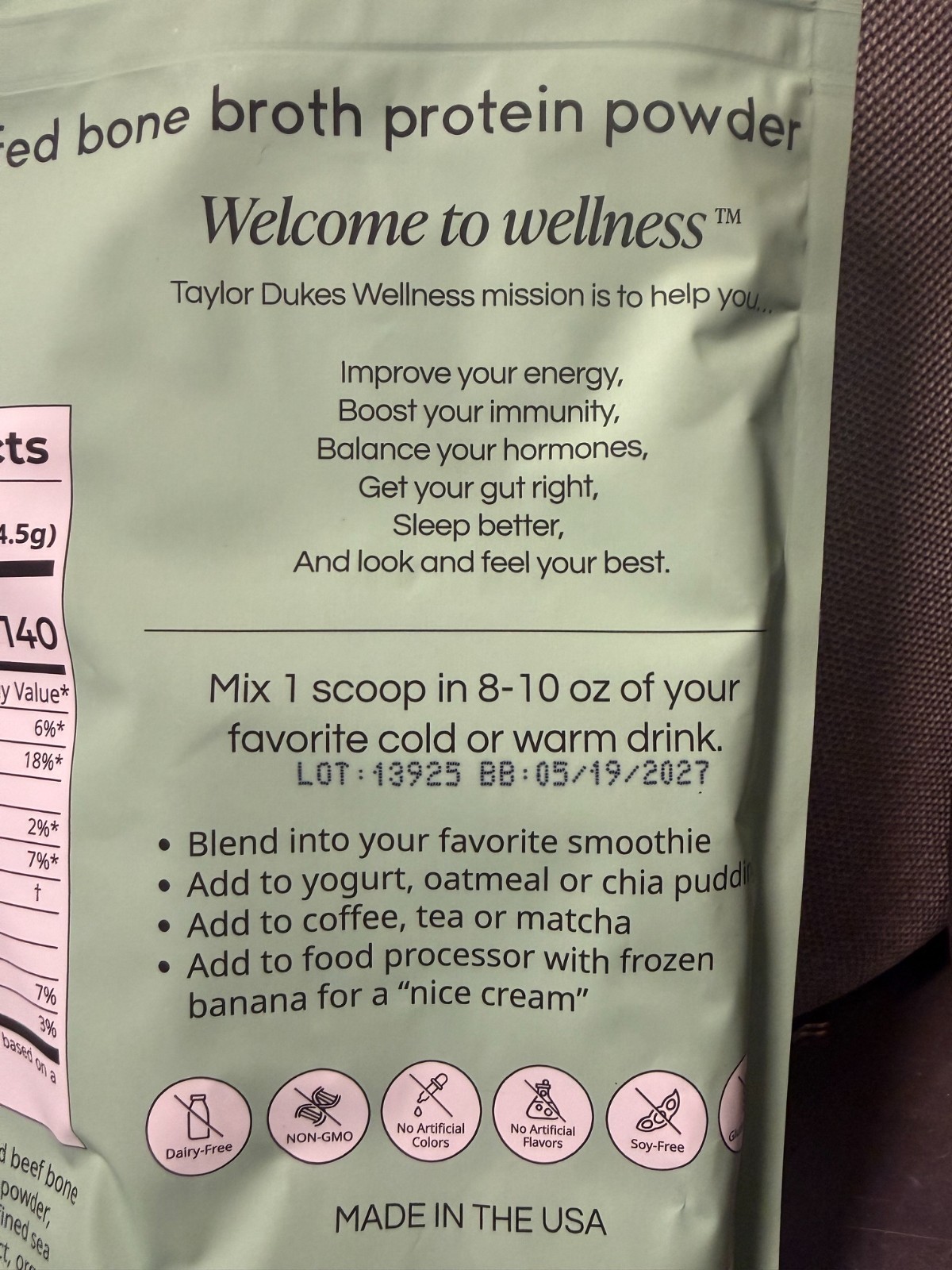 36.5oz TD Wellness Mint Chocolate Bone Broth Protein Powder 100% Grass Fed 20g