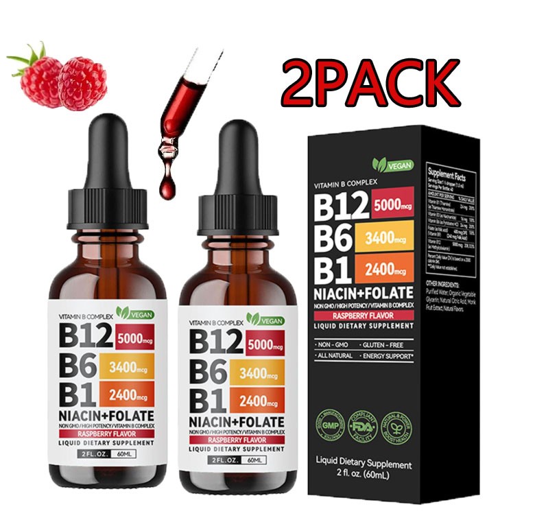 2-Bottles Vitamin B12 and B6 Liquid Drops B12 Complex – Vitamin B B1 Sublingual