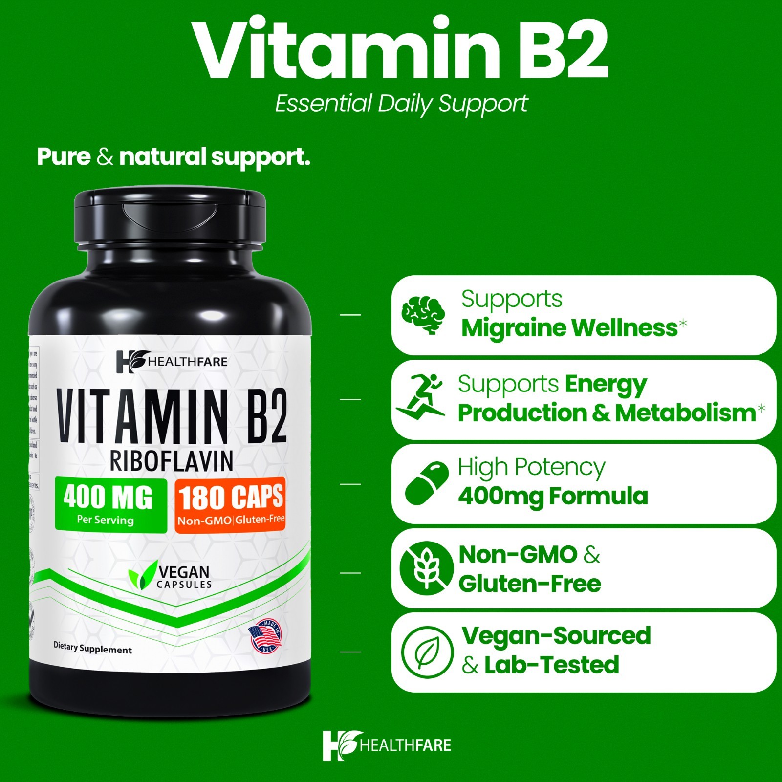 Vitamin B2 400mg | 180 Capsules | Riboflavin | Gluten Free & Non-GMO HealthFare