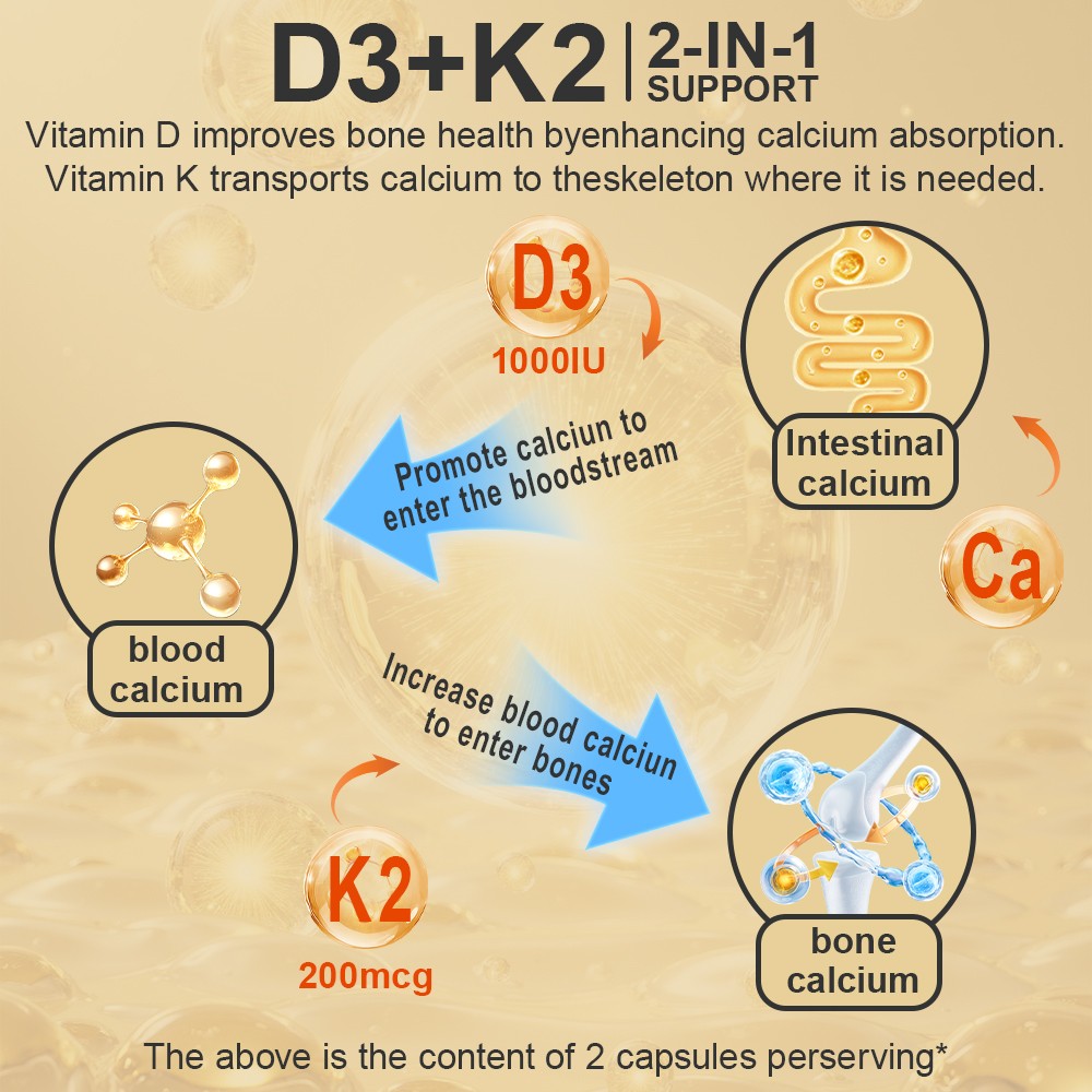 Vitamin D3 K2 60 Capsules Bone Muscle Immune Support Supplement