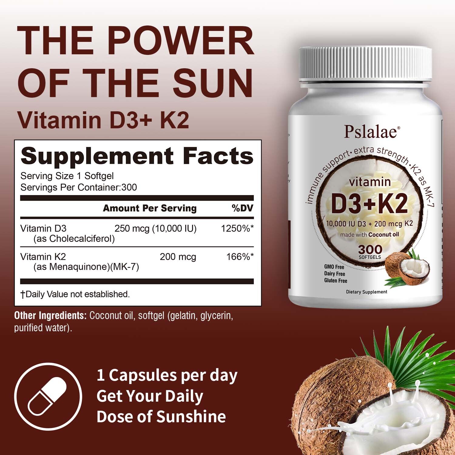 Vitamin D3+K2 MK7 10000 IU – Strong Bones, Immune Support – with Coconut Oil