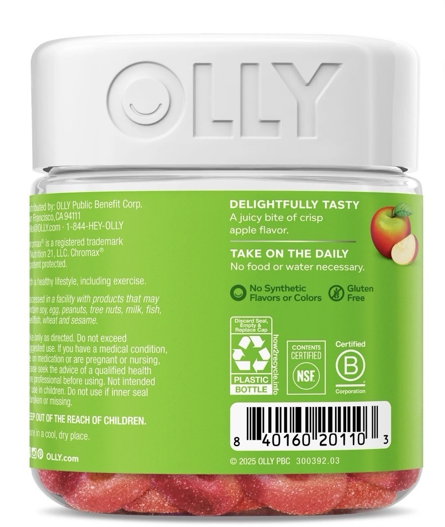OLLY Metabolism Gummy Rings Apple Cider Vinegar, Vitamin B12, Chromium 30 Count.