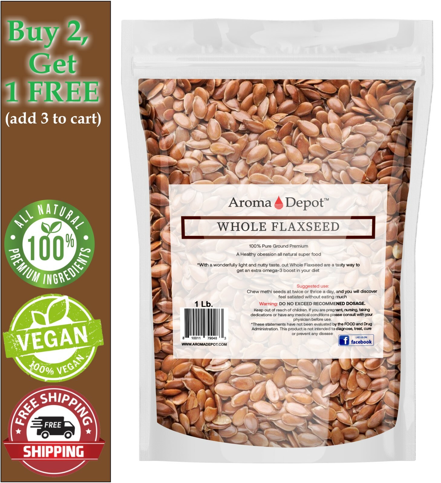 1 lb. Brown Whole Flax Seeds Omega-3 Non-GMO Linaza Raw Flaxseed Kosher 1 Libra