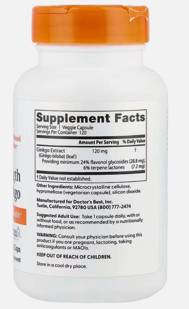 Ginkgo Biloba, Extra Strength, Doctor’s Best, 120 mg, 120 Caps EXP 08/2027