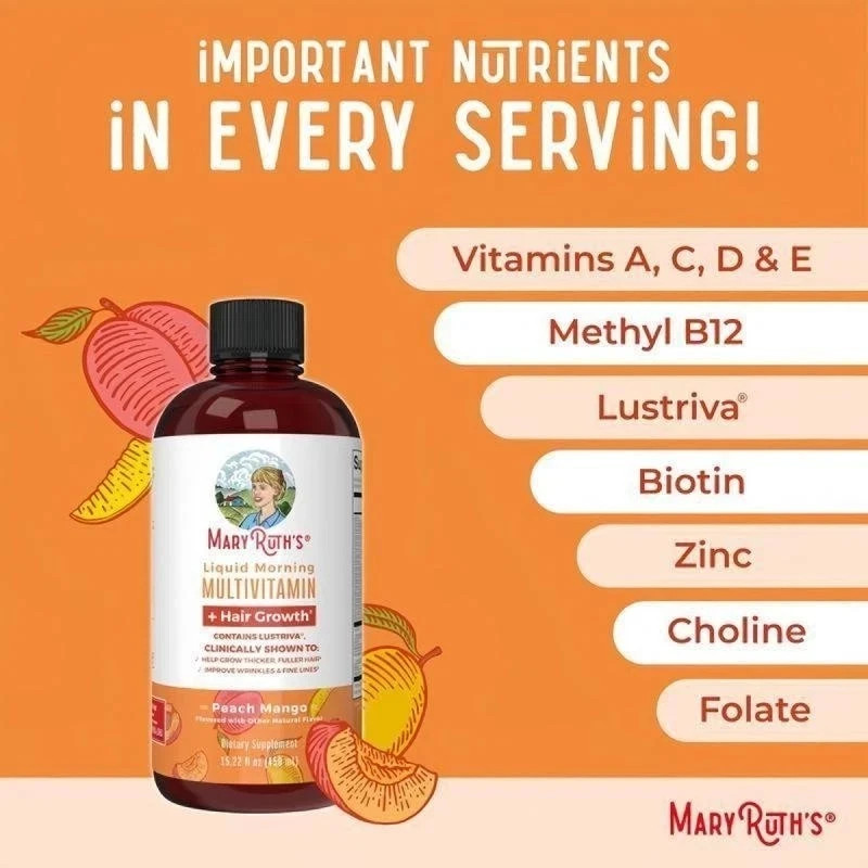 Liquid Morning Multivitamin + Hair Regrowth, Peach Mango, 15.22 fl oz (450 ml)