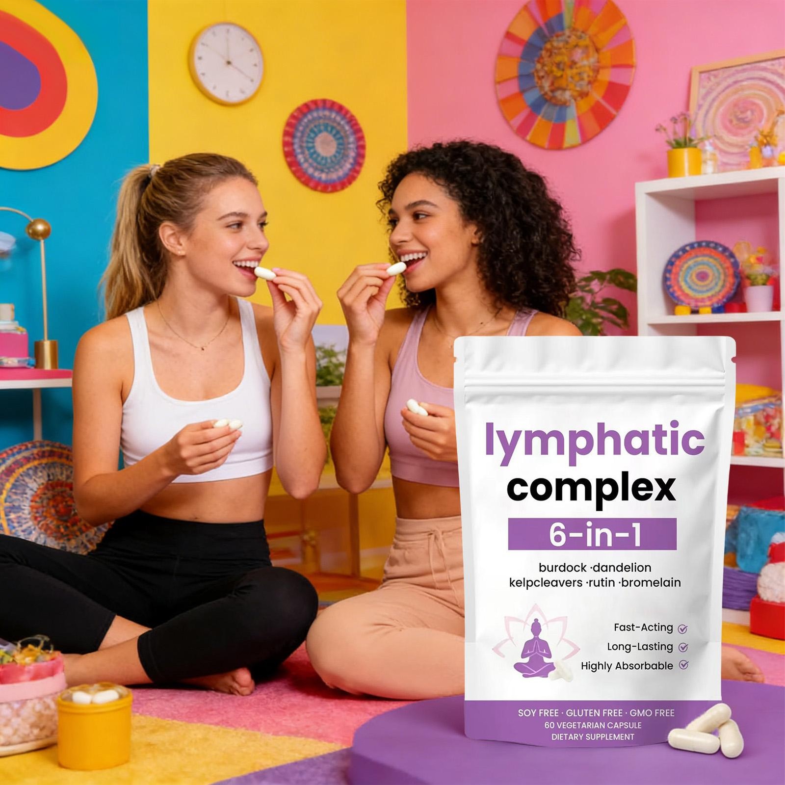 6-in-1 Lymphatic Complex Drainage Supplement Dandelion Burdock Bromelain Kelp