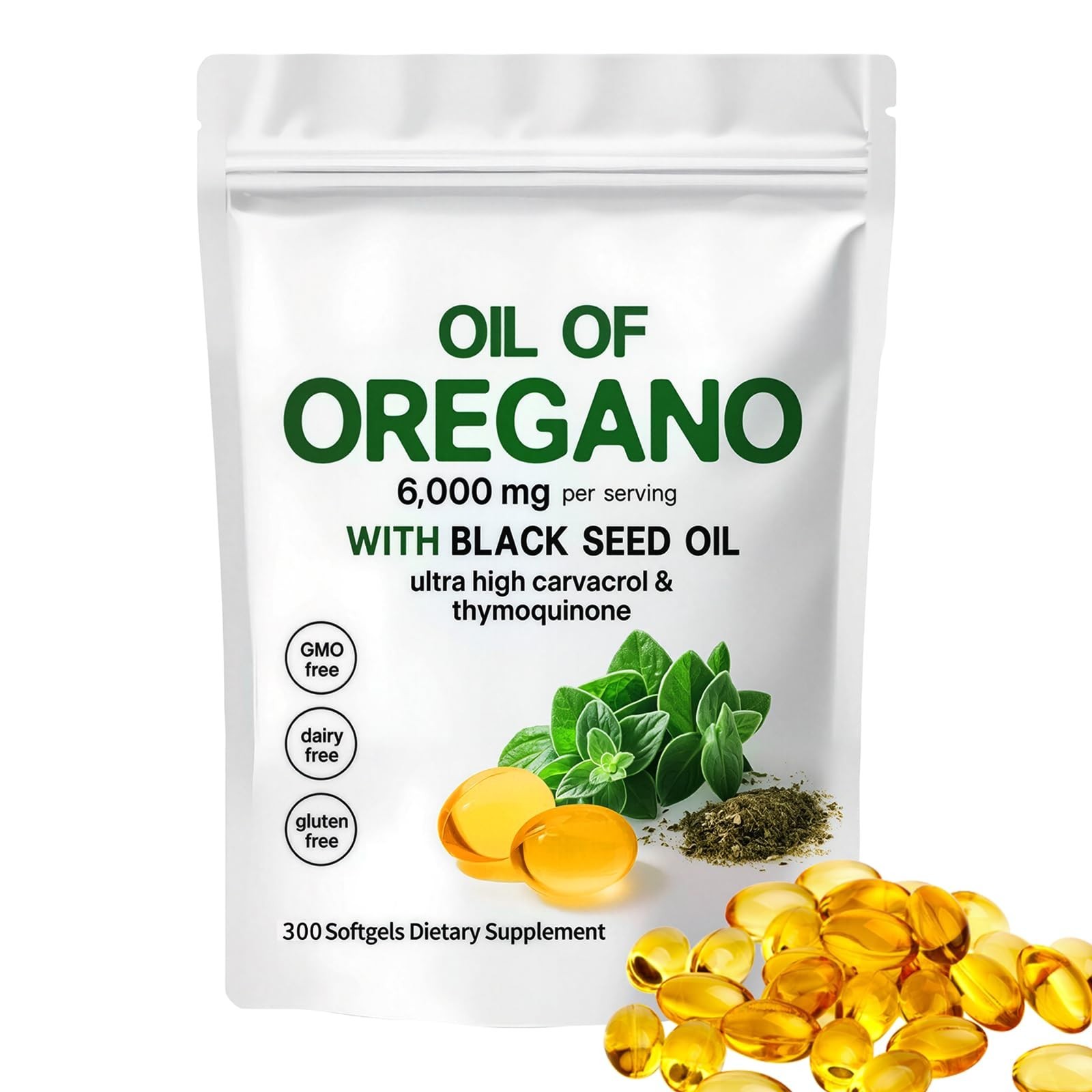 Organic Oil of Oregano & Black Seed Oil Capsules, 6000mg, 300 Softgels, Immune S