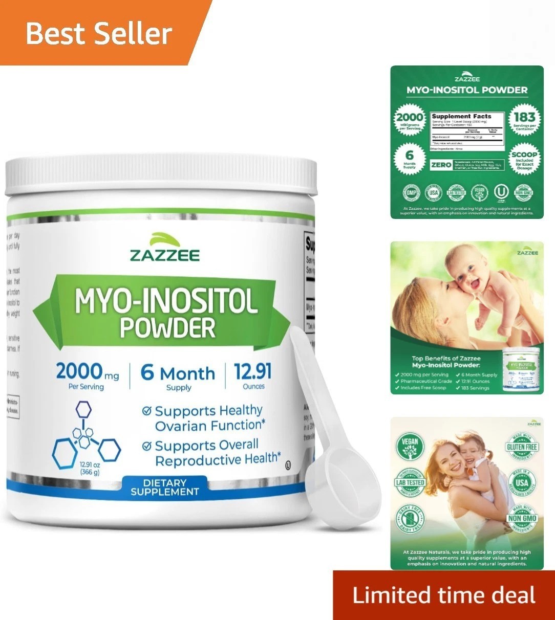 Myo-Inositol Powder, 6 Supply, 183 Servings, 2000 mg per Serving, Free Scoop…