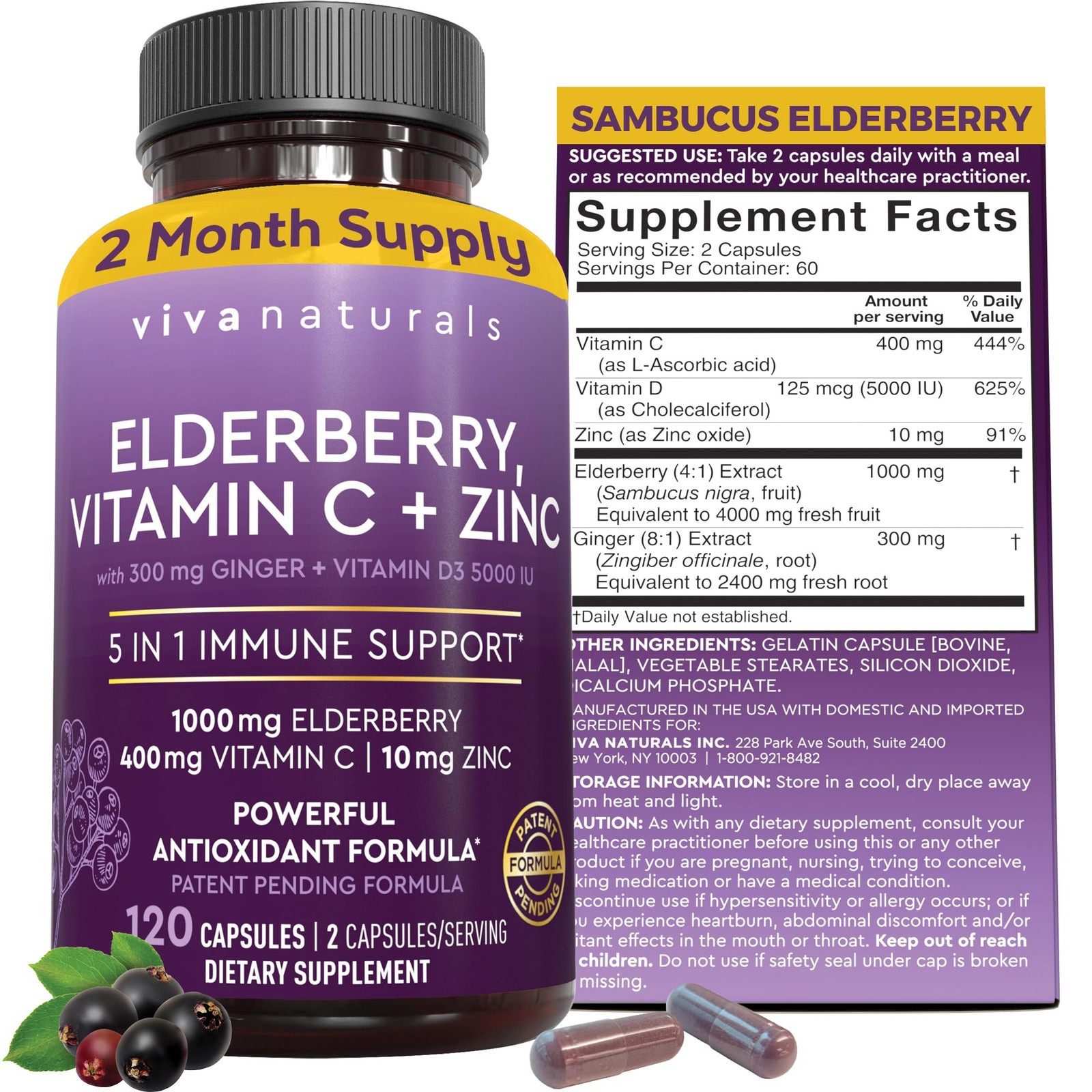 Viva Naturals Elderberry with 120 Count (Pack of 1), 5in1 120ct