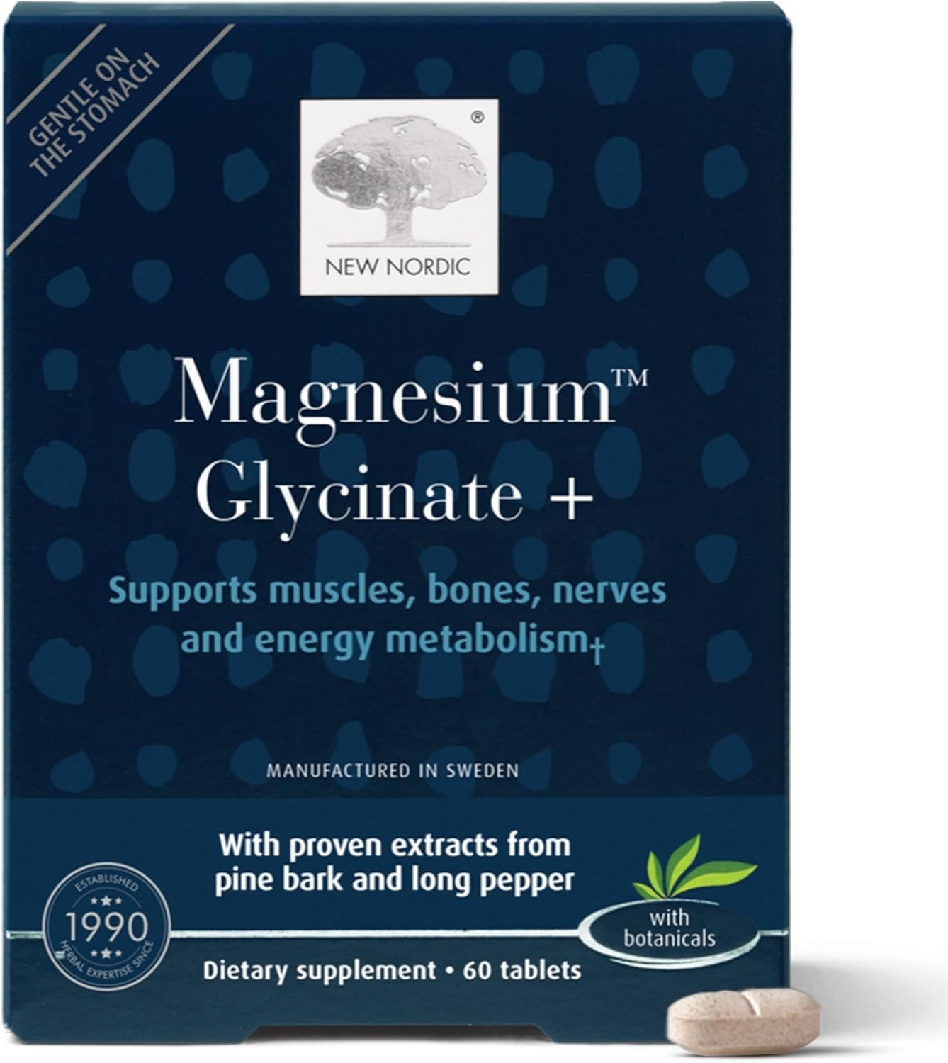 New Nordic Magnesium Glycinate+ 60 Tablets Pine Bark Long Pepper Gentle Stomach