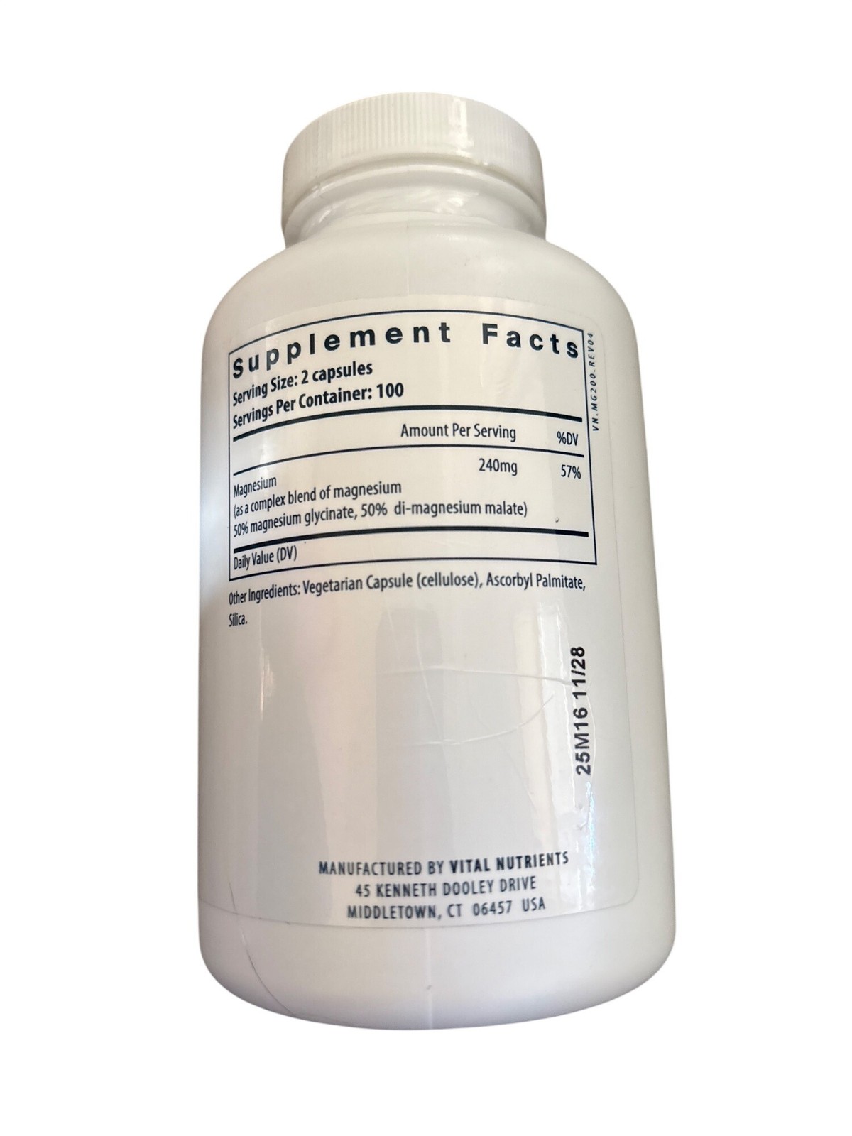 Vital Nutrients, Magnesium, Glycinate + Malate, 200 Vegan Capsules 11/2028