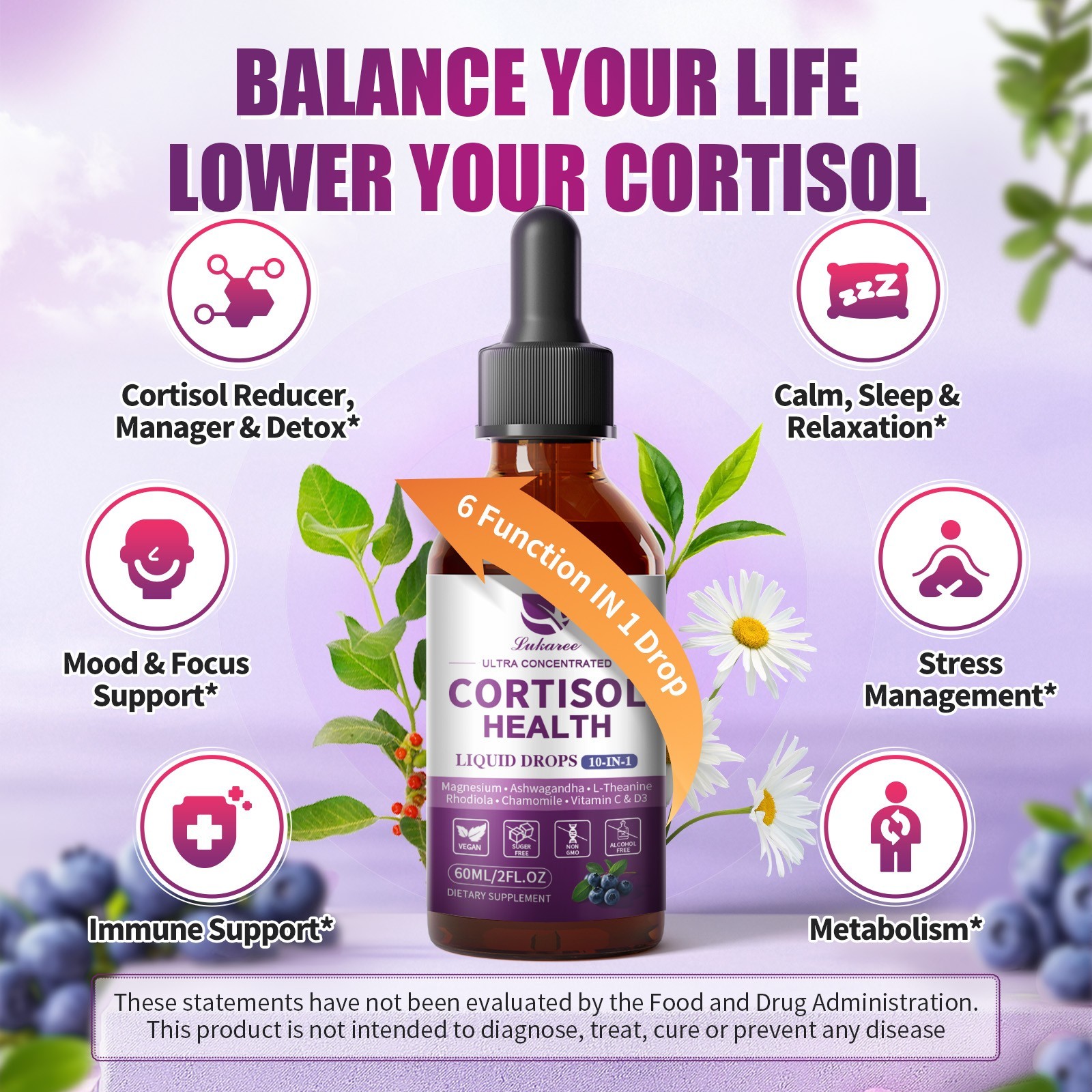 2x60ml Cortisol 10-IN-1 Supplement Liquid with Magnesium Ashwagandha L-Theanine