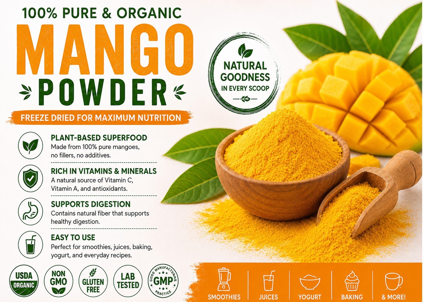 Organic Mango Powder Freeze Dried Pure Fruit Superfood Smoothie Vegan Non GMO