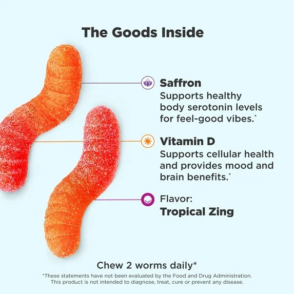 OLLY Hello Happy Gummy Worms, Mood Support, Vitamin D, Saffron, 60 Count