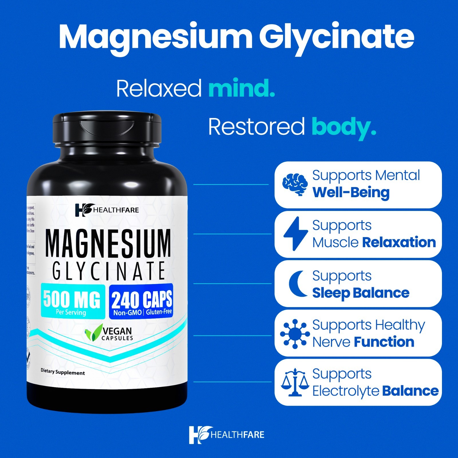 HealthFare Magnesium Glycinate 500mg 240 Capsules for Calm, Stress, Sleep