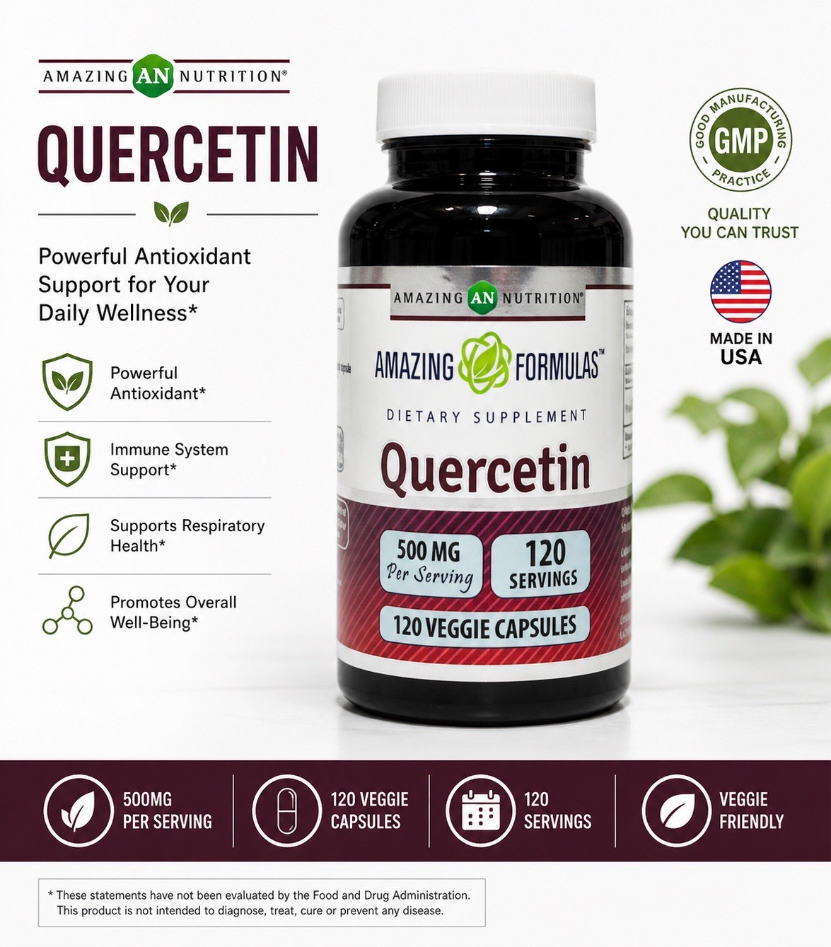 Amazing Formulas Quercetin 500 mg 120 Veggie Capsules Dietary Supplement