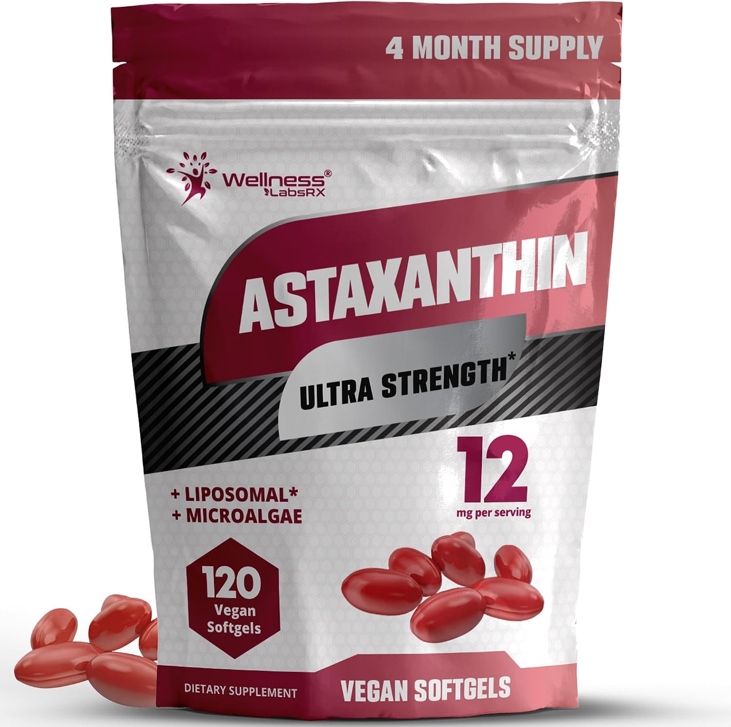 Liposomal Astaxanthin 12mg – 120 Vegan Softgels, 4 Month Supply, Natural Astaxan
