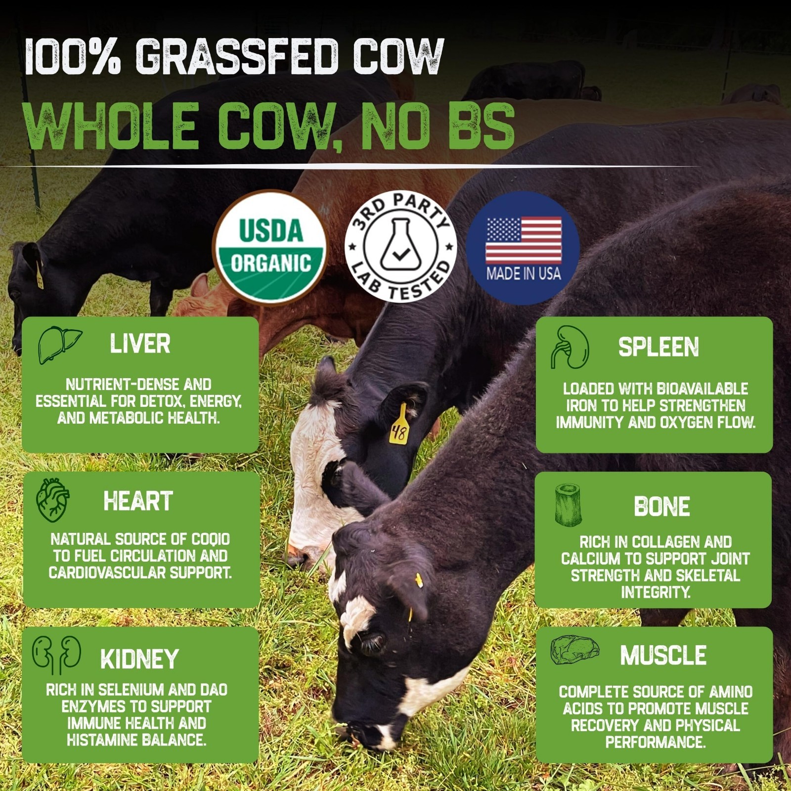 USDA Organic 100% Grassfed Beef Organ Supplements – Whole Cow, 30-Day Supply