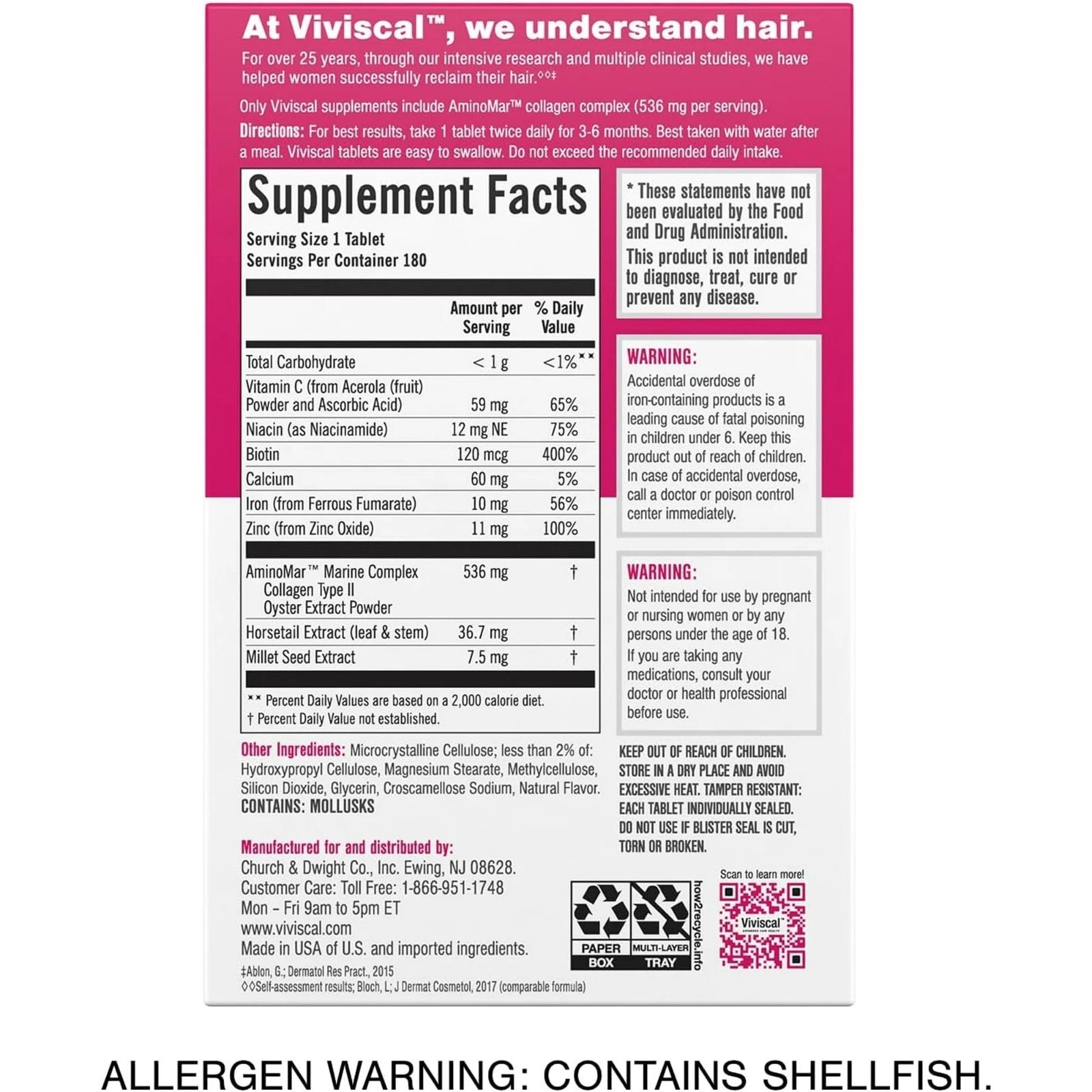 VIVISCAL Hair Growth Supplement for Women 180 Tablets – 3 Month Supply
