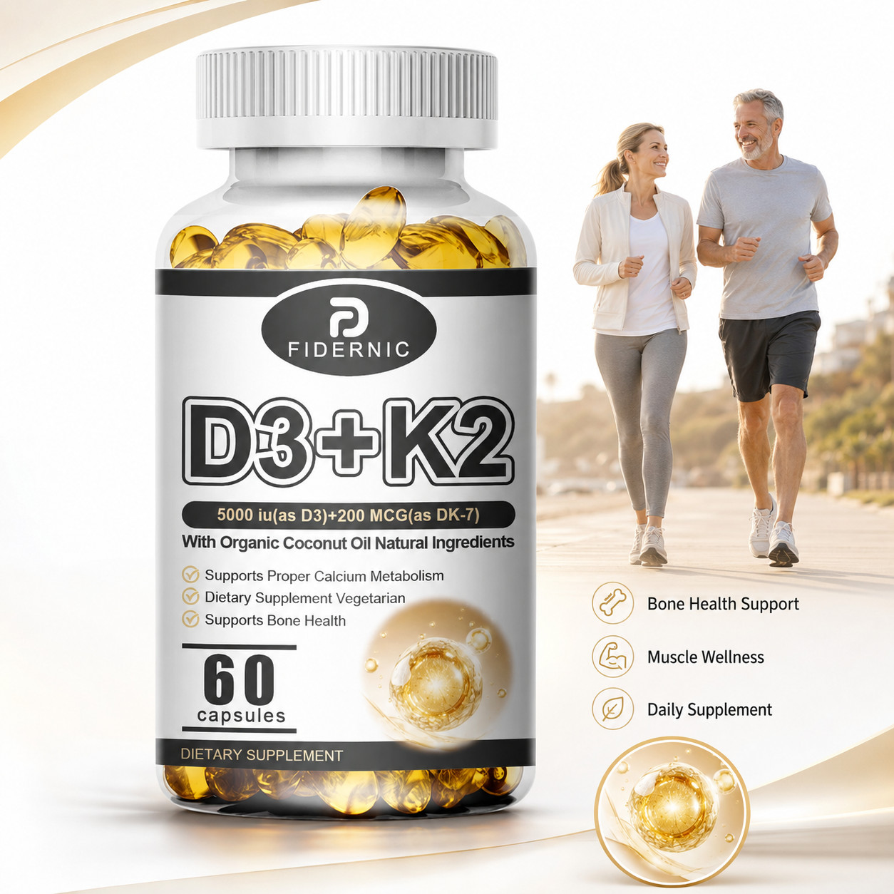 Vitamin D3 K2 60 Capsules Bone Muscle Immune Support Supplement
