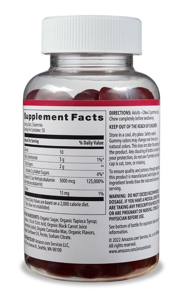 Amazon Basics Vitamin B12 Gummies 3000 mcg – 100 Count – Raspberry Flavor