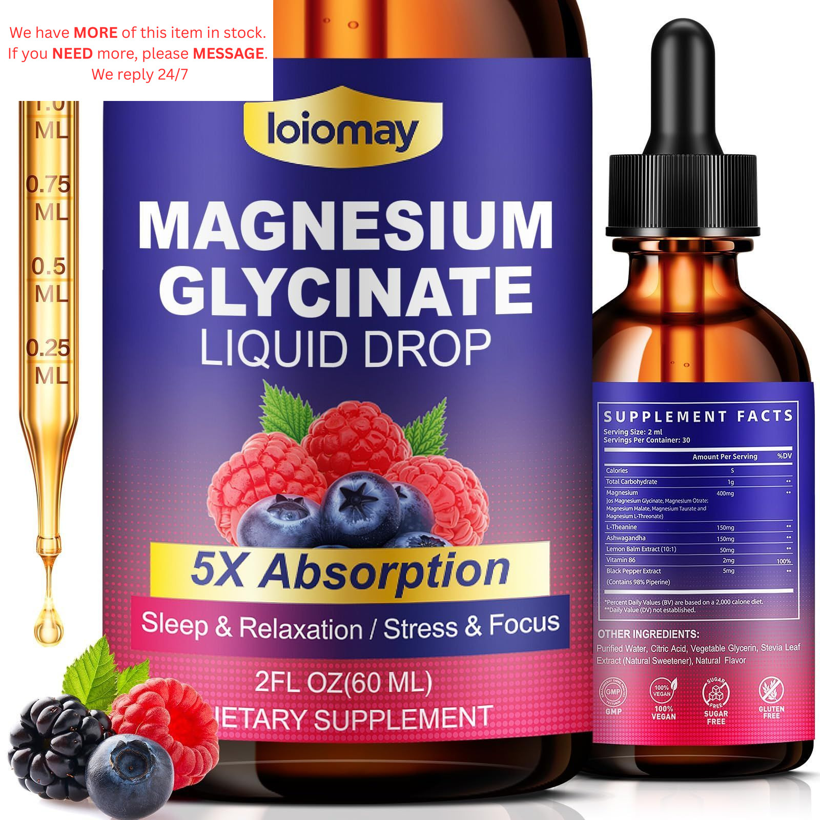 Magnesium Glycinate Liquid Drops 400mg, 5-in-1 2 Fl Oz (Pack of 1)