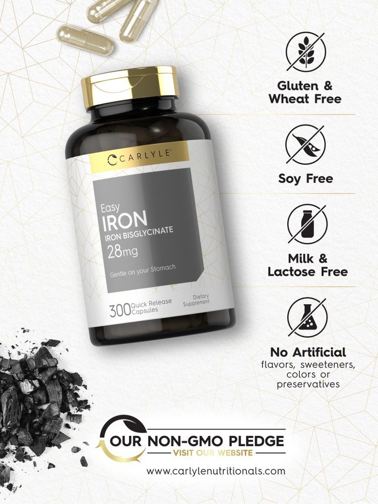 Easy Iron | 28 mg | 300 Capsules | Non-GMO | Gentle On Your Stomach | by Carlyle