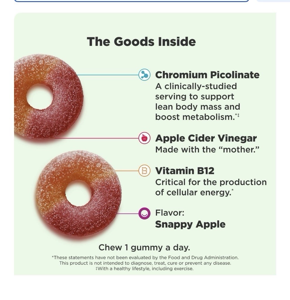 OLLY Metabolism Gummy Rings Apple Cider Vinegar, Vitamin B12, Chromium 30 Count.