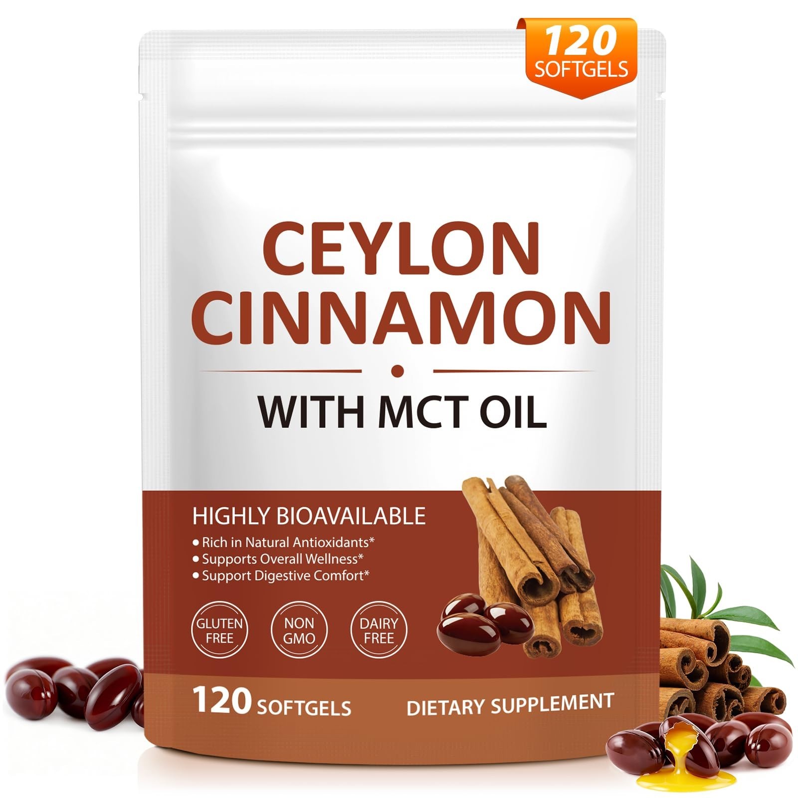 Ceylon Cinnamon Softgels with MCT Oil – Non-GMO, Gluten-Free, 120 Count, Dietary