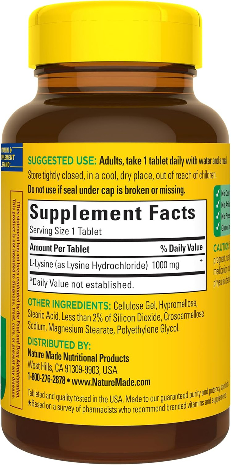 Nature Made L-Lysine 1000mg Amino Acid Dietary Supplement 60 Tablets NEW