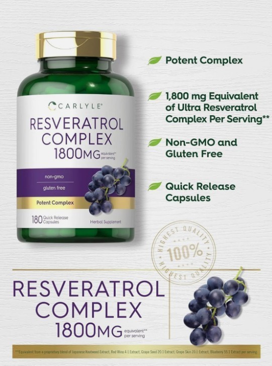Resveratrol Supplement 1800mg | 180 Capsules | Non-GMO, Gluten Free | by Carlyle