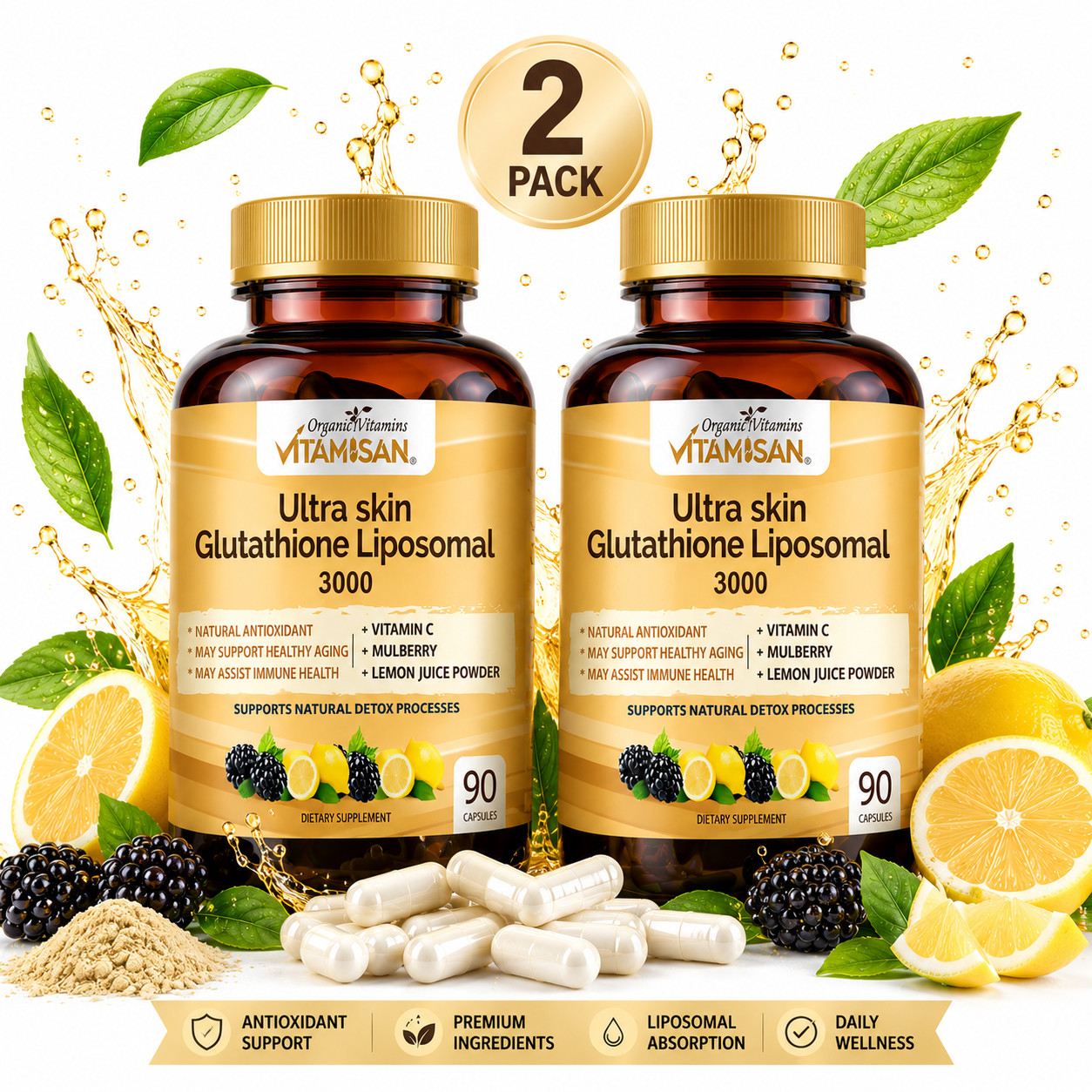 2 Pack Liposomal Glutathione 3000mg + Vitamin C Antioxidant Skin 180 Caps