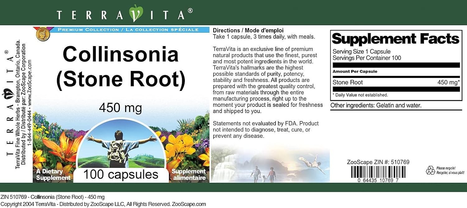 Collinsonia Stone Root 450mg – 100 Easy-to-Swallow Capsules for Digestive Health
