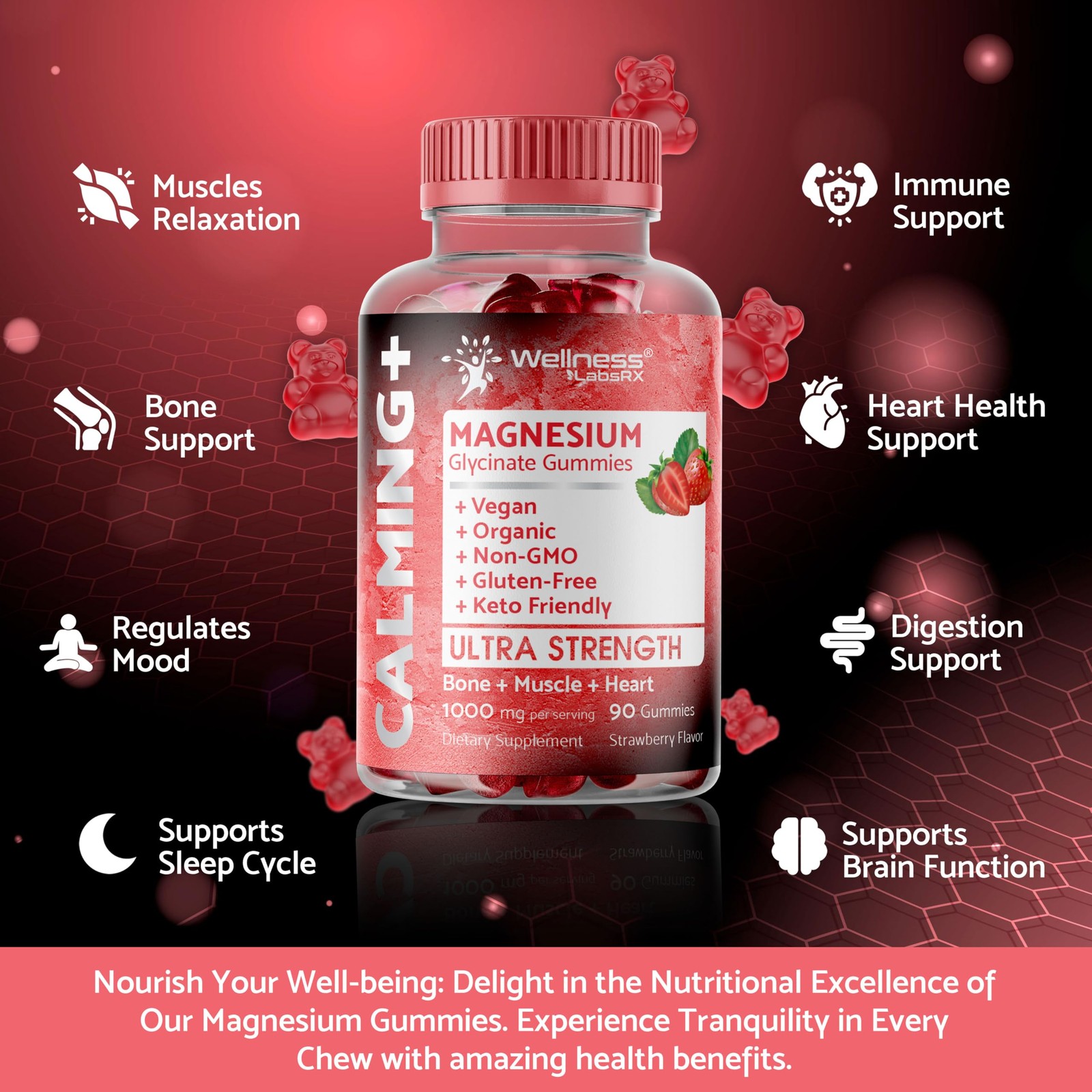 Magnesium Glycinate Gummies 1000mg, Heart Calm Chews, 90 Count (Pack of 1)