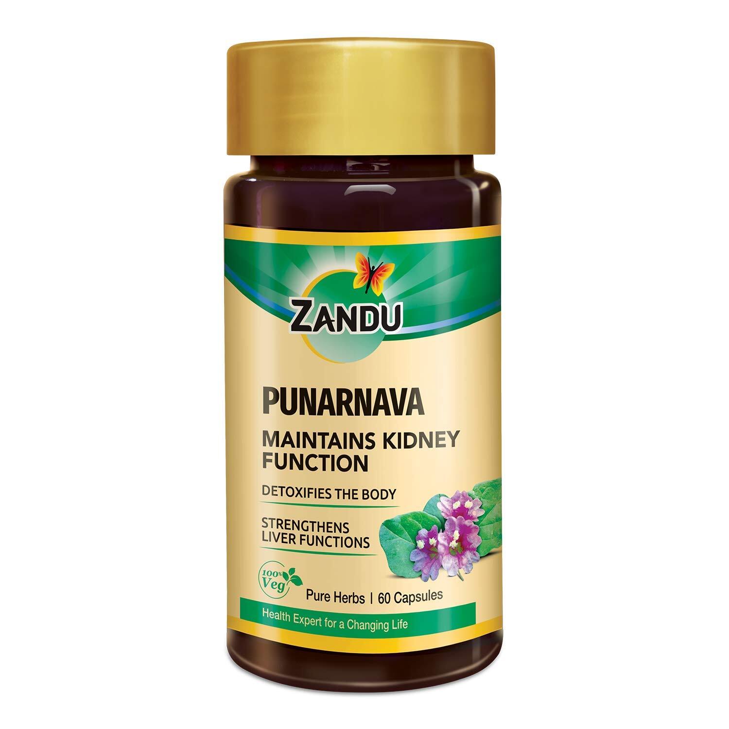 Zandu Punarnava Capsules, Maintains Kidney Function. 60 Caps X 2 Pks. 120Tabs