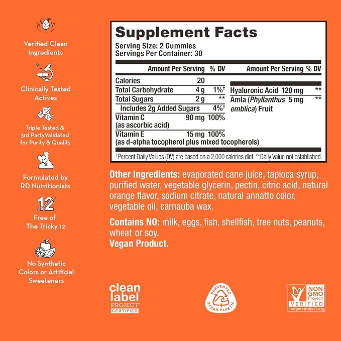HUM Hyaluronic Glow Gummies Skin Hydration Supplement Orange Flavor | 60 Gummies