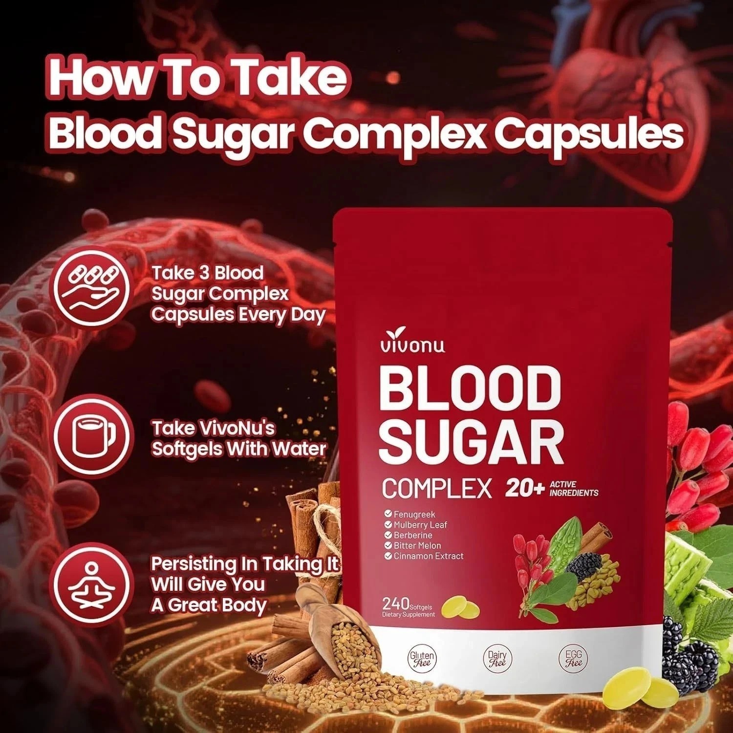 VivoNu Blood Sugar Complex Supplement with 20 Herbs and Vitamins 240 Softgels